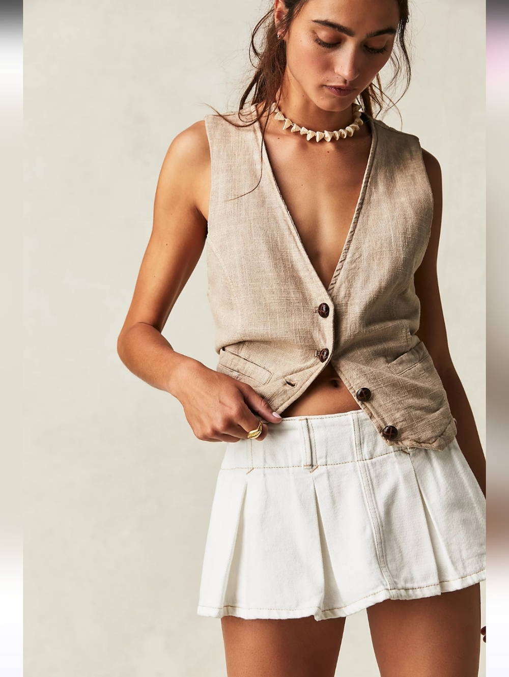 We The Free Off White Denim Pleated Micro-mini Skirt Skort NWT